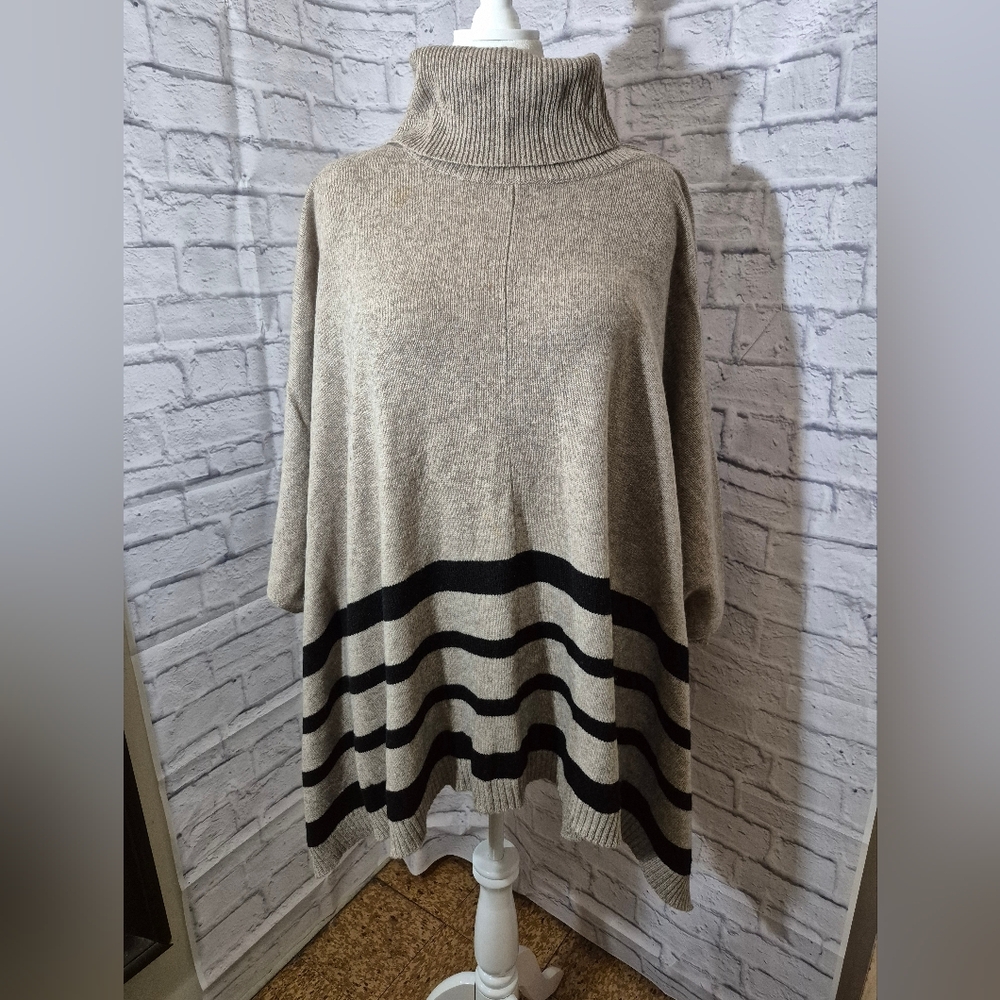 Tahari Beige and Black Cowl Neck Cape Sweater